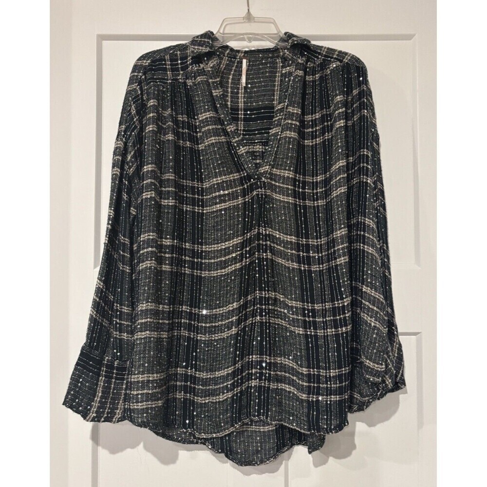 Free People Women’s Fearless Love Black & Gold Woven Sequins Tunic Top sz XS